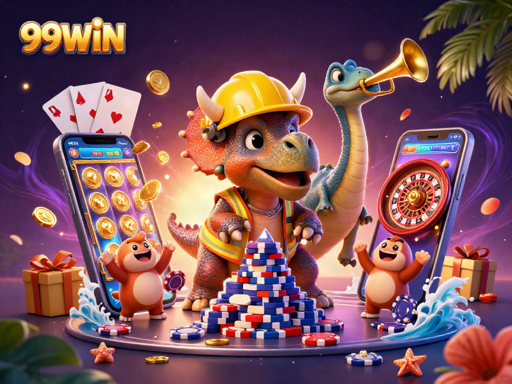 Experience the excitement of 99WIN as characters build a poker chip pyramid in celebration of casino games.