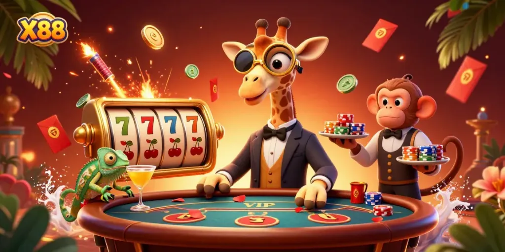 X88 draws in players with a vibrant 3D scene of table games and lucky symbols immersed in excitement.