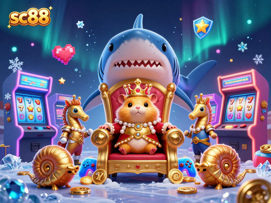Engage with sc88's exciting gaming world featuring a fierce hamster king and vibrant casino elements.