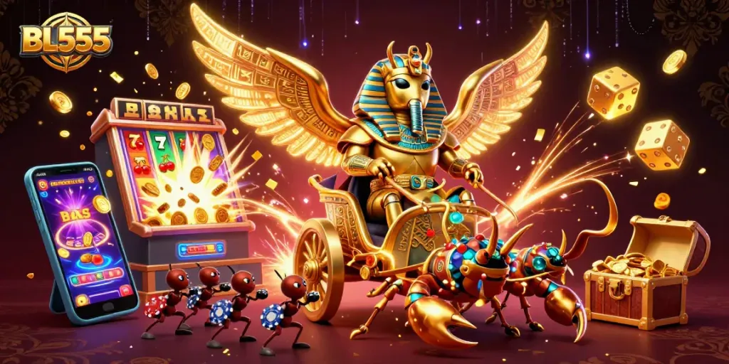 Join the excitement with BL555's stunning casino games featuring golden treasures and animated jackpots.