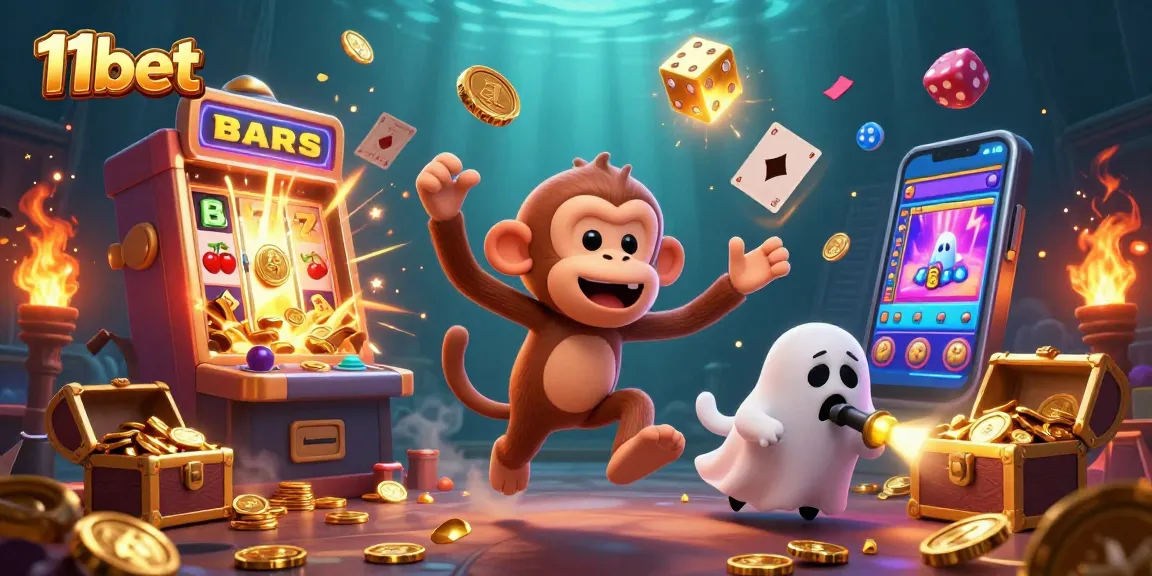 Engaging scene depicting 11bet's vibrant casino world with a poltergeist monkey and a curious puppy among thrilling gaming elements.