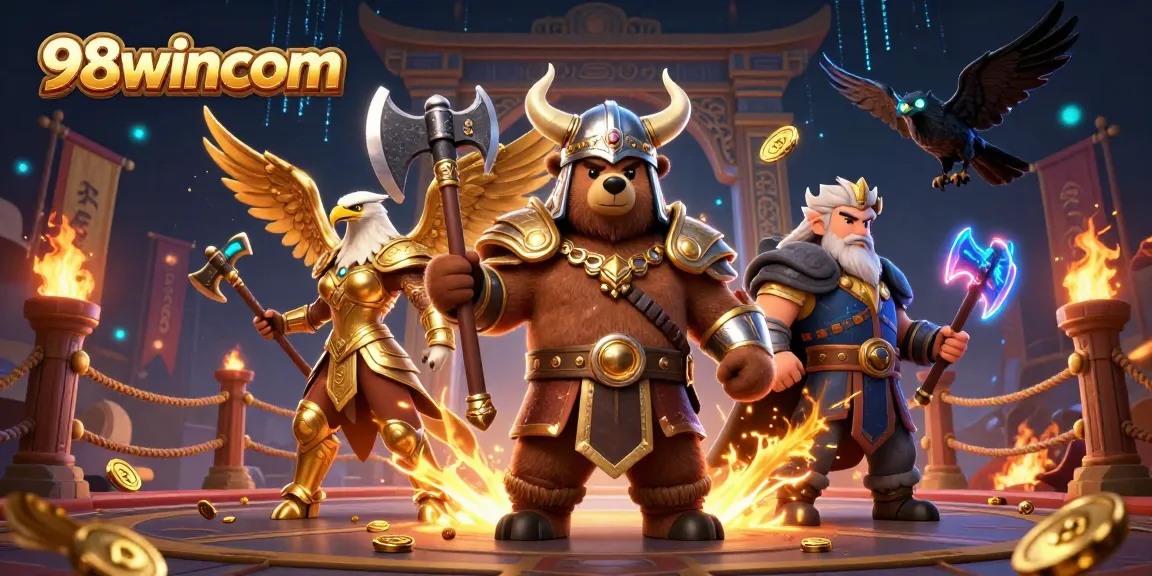 Experience thrilling action at 98wincom with a vibrant casino battle featuring a Viking bear and Valkyrie eagle.
