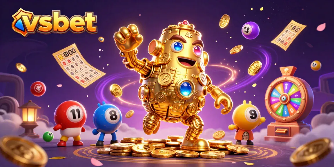 Engage with thrilling games at vsbet, featuring a golden golem amidst a dynamic casino atmosphere.