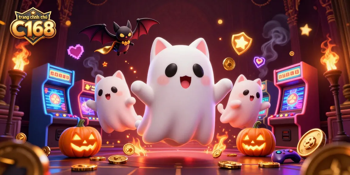 Experience the thrilling atmosphere of trang chính thức C168 with a glowing ghost cat, vampire bat, and arcade game elements.