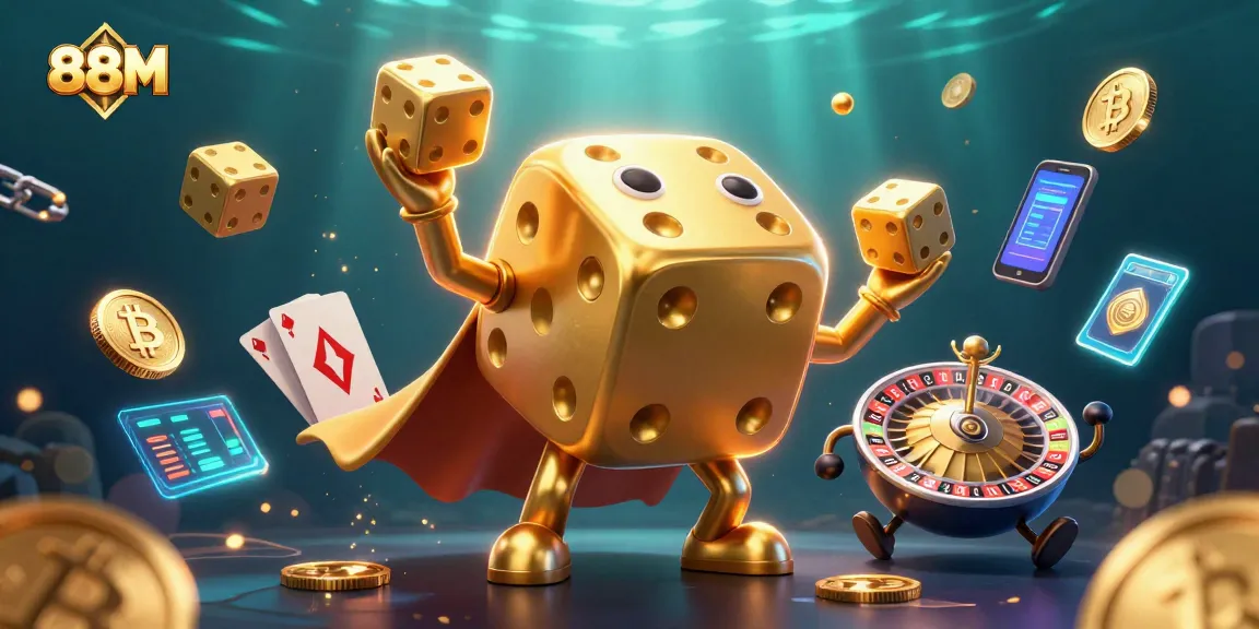 Engage with 88M through a dynamic 3D illustration showcasing exciting casino games and crypto elements.
