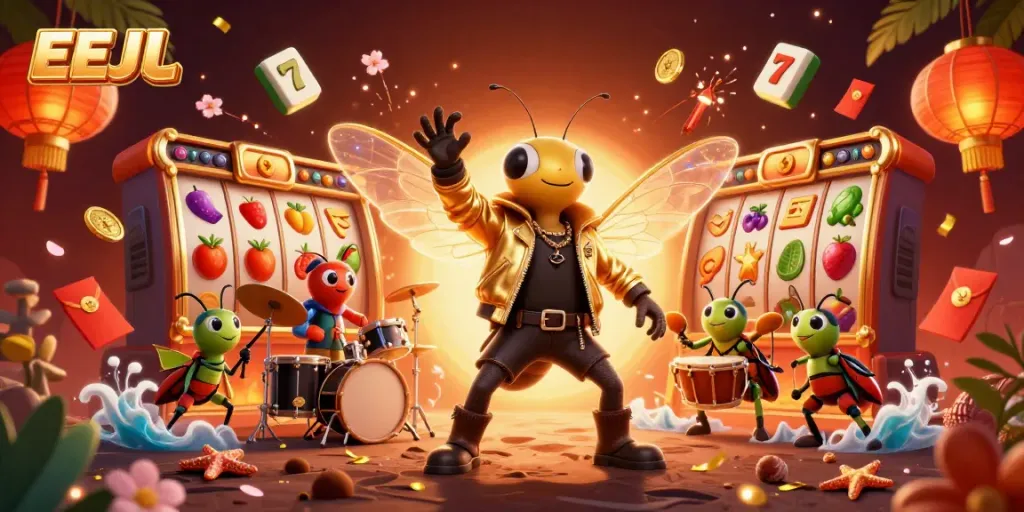 EEJL engaging in intense gaming action with vibrant slot reels and casino elements