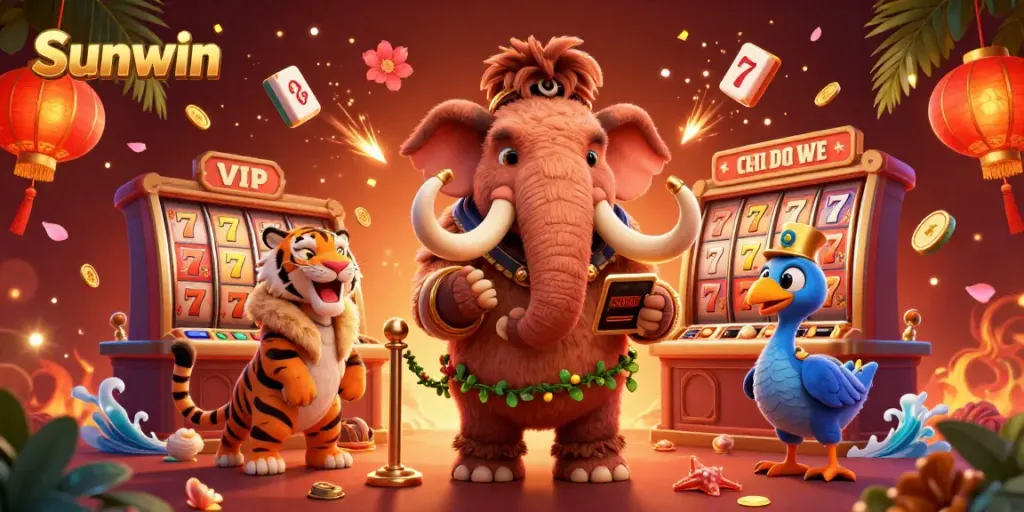 Experience the vibrant Sunwin casino scene with energetic characters and dynamic game elements.