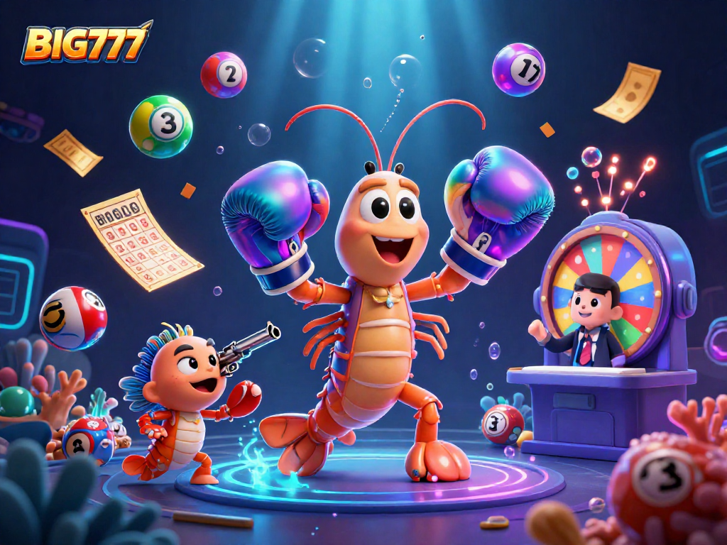Experience the thrill of BIG777 with vibrant lottery elements in an exciting casino scene featuring jumping characters.