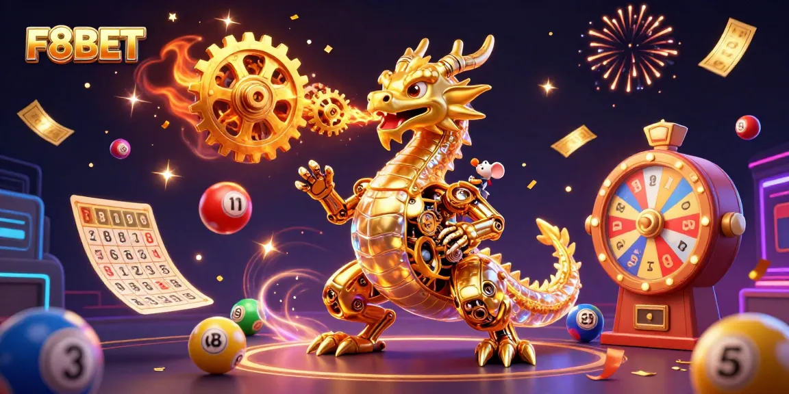 Win big with F8BET at this vibrant casino scene featuring a cartoon golden dragon and exciting lottery elements.