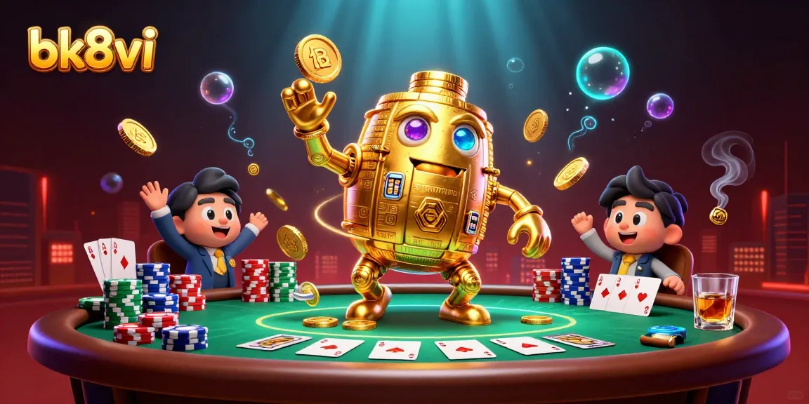 Experience the thrill of bk8vi with an animated golden golem at a vibrant casino poker table.