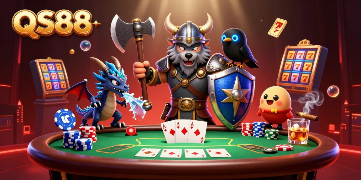 Engage in thrilling gameplay at QS88 with a Viking warrior and mystical companions vying for poker glory.