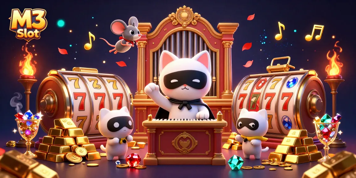 Experience the thrill of M3 Slot with a vibrant 3D casino scene featuring exciting slot reels and treasures.