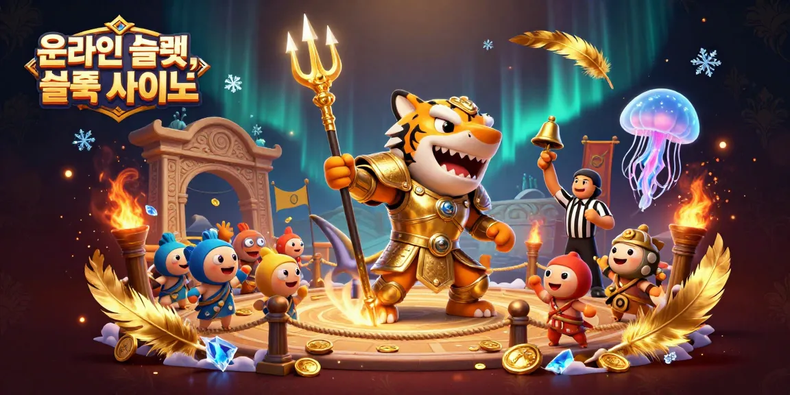 Engage with the exhilarating underwater battle scene at 온라인 슬롯, 슬롯 사이트, featuring a golden-armored tiger shark and dynamic casino elements.