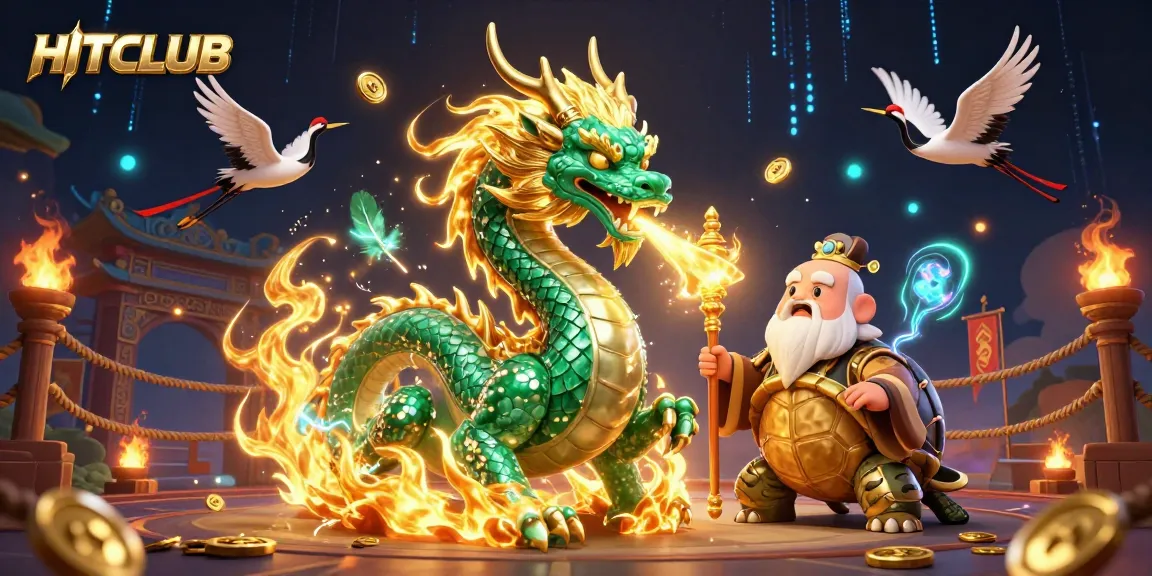 Experience thrilling gameplay at HITCLUB with a vibrant dragon, cranes, and magical casino elements.