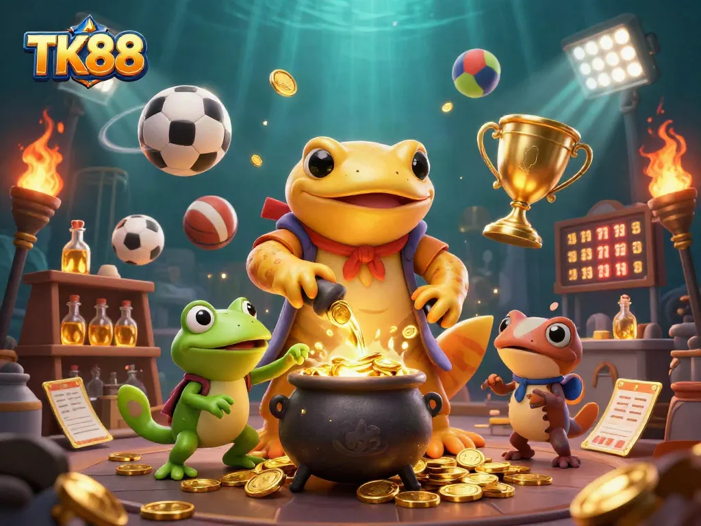 Engage with TK88 in a vibrant casino scene where an alchemist transforms metals into gold amidst dynamic sports betting elements.