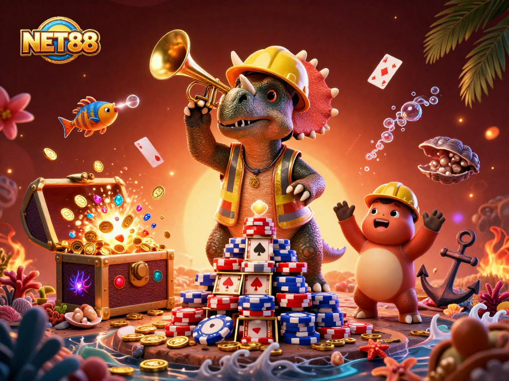 NET88 showcases a colorful casino theme with a cheerful dinosaur trio celebrating amidst sparkling treasures.