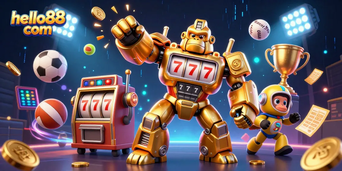 Engaging scene of hello88 com with a golden gorilla mech and dynamic sports elements, showcasing vibrant casino action.