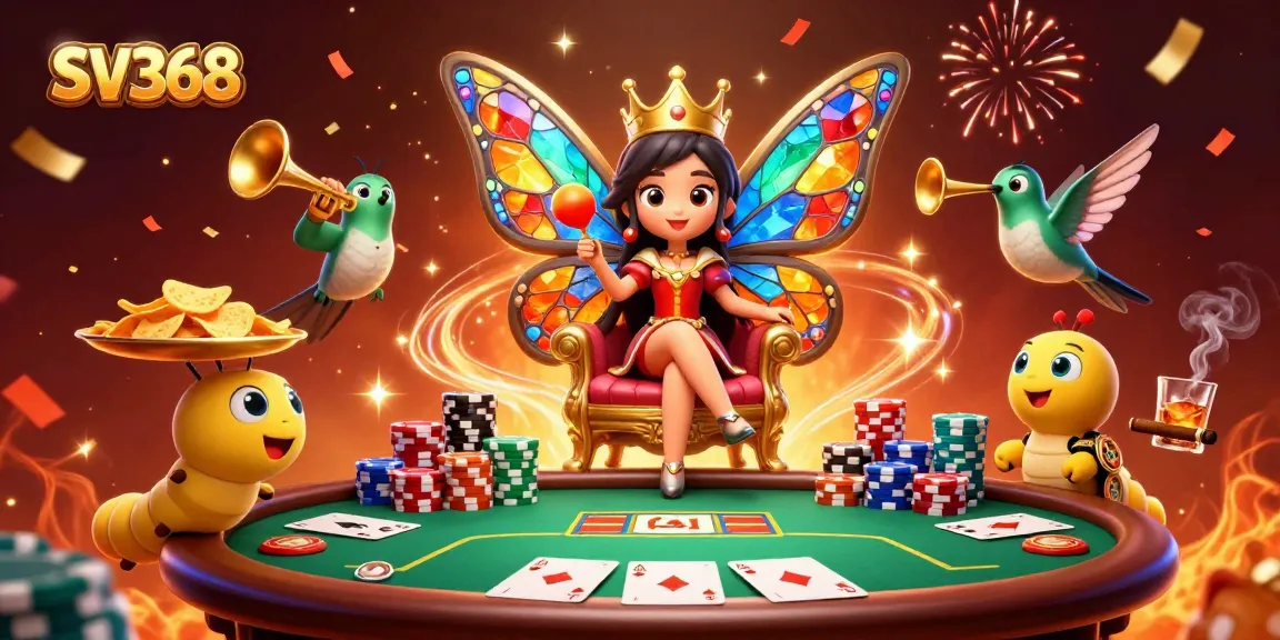Experience thrilling poker action with SV368, featuring a butterfly queen and vibrant chips.