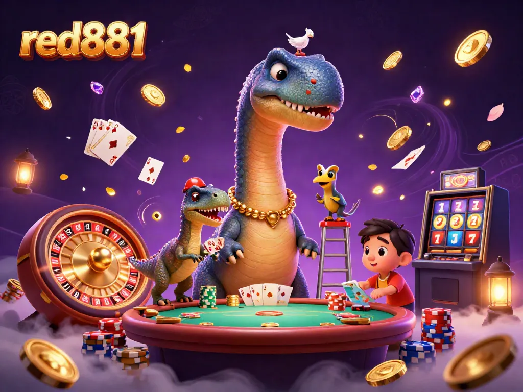 Experience wild betting adventures with red881 in this animated casino scene featuring dinosaurs and games.