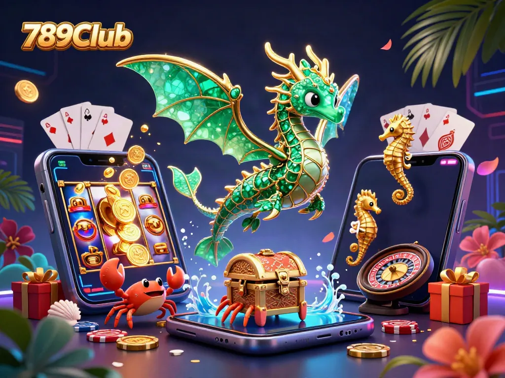 Experience the thrilling world of 789Club with an enchanting sea dragon amidst vibrant casino elements.