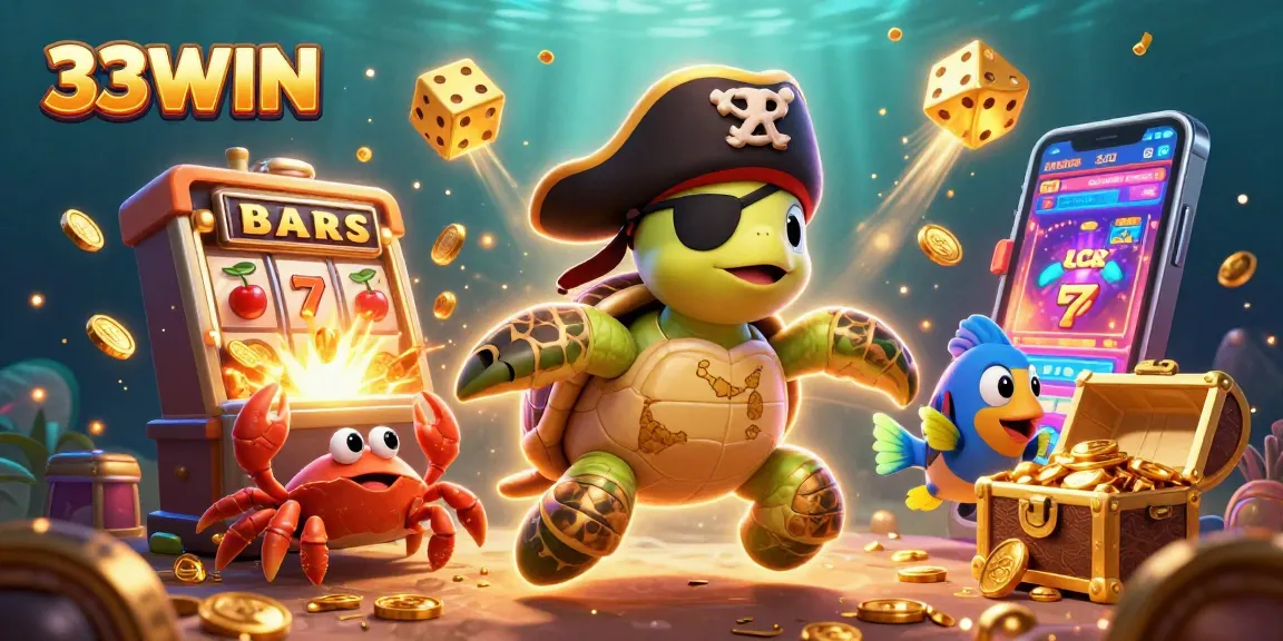 Experience the excitement at 33WIN with a vibrant underwater casino adventure featuring a treasure-seeking turtle.