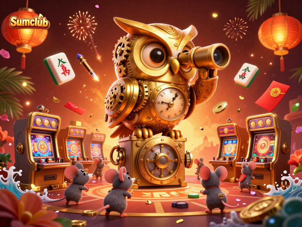 Sumclub features a golden owl scanning a vibrant casino floor filled with lucky symbols and playful creatures.