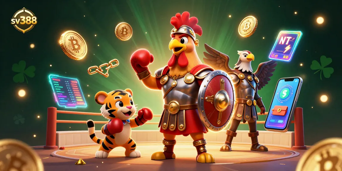 Engage in thrilling cockfighting at sv388 while a rooster battles a tiger cub amid crypto elements.