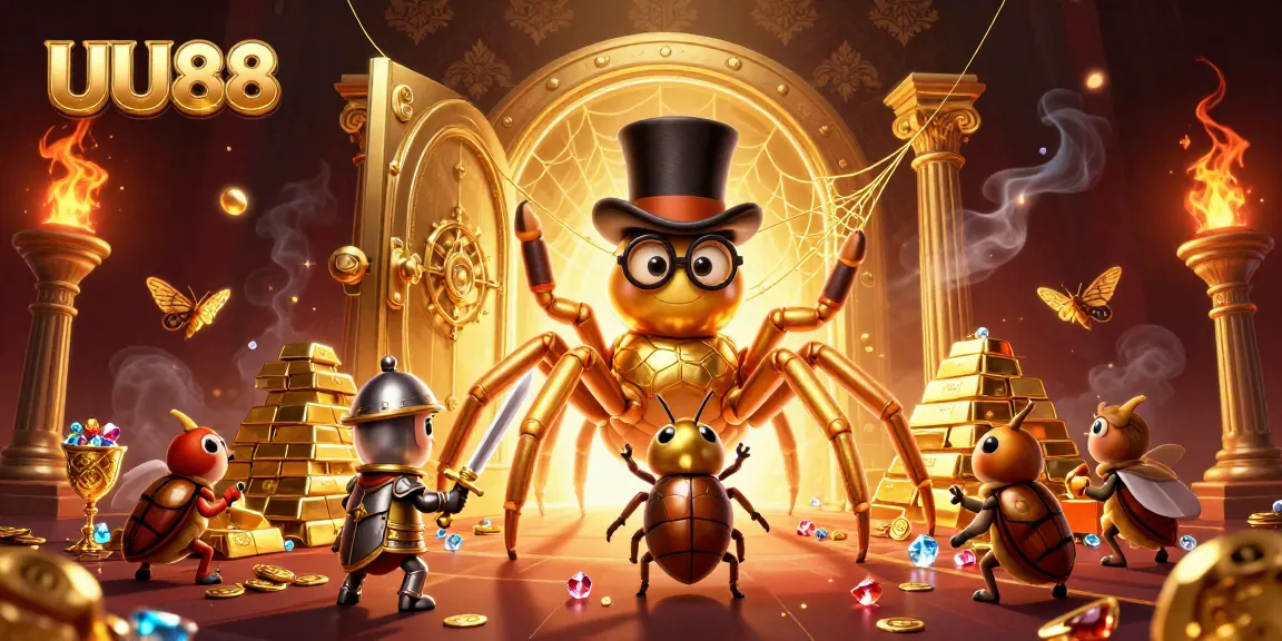 Join the golden adventure at UU88: A 3D scene of a unique casino experience featuring a golden tarantula and treasures.