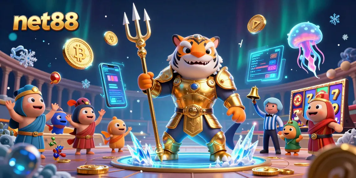Engage with net88's thrilling underwater casino scene featuring a shark in gladiator armor.