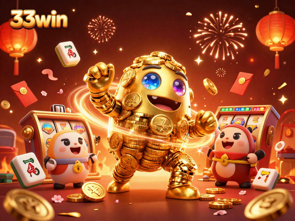Experience the excitement of 33win with a vibrant casino scene featuring a golden golem and slot reels.