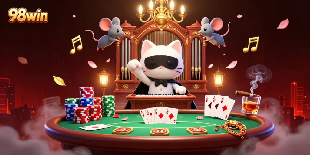 Experience the thrilling world of 98win with a lively casino scene featuring poker chips and dynamic characters.