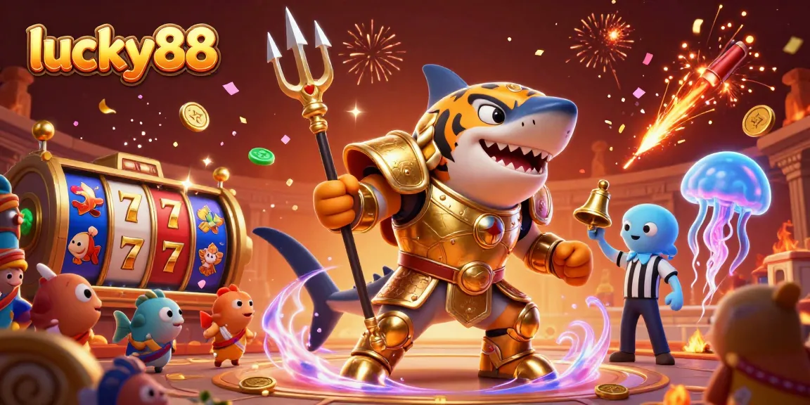 Play slots at lucky88 with a dynamic underwater scene featuring a shark in gladiator armor.