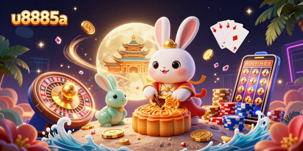 Join the luck at u8885a with a vibrant scene of moon rabbits revealing poker chips amidst dynamic casino elements.
