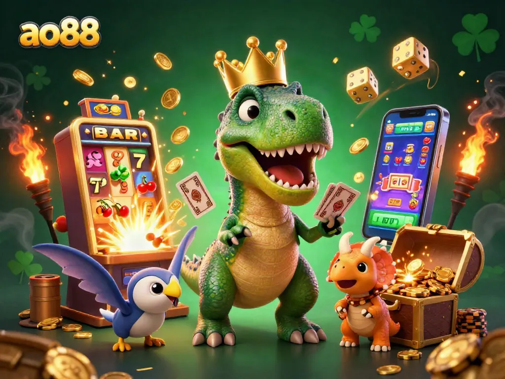 Experience immense fun with ao88 as the T-Rex and friends shuffle cards and stack chips in a vibrant casino scene.