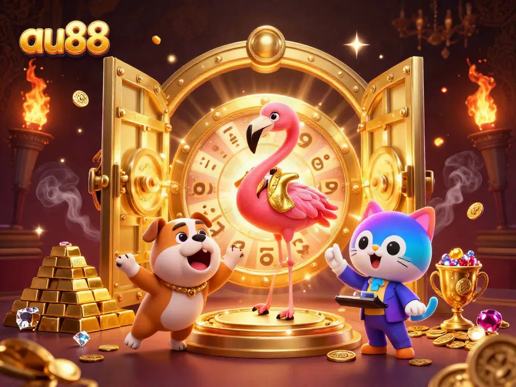 Experience the excitement of au88 with lively characters in a dynamic casino scene, showcasing a flamingo, bulldog, and cat.