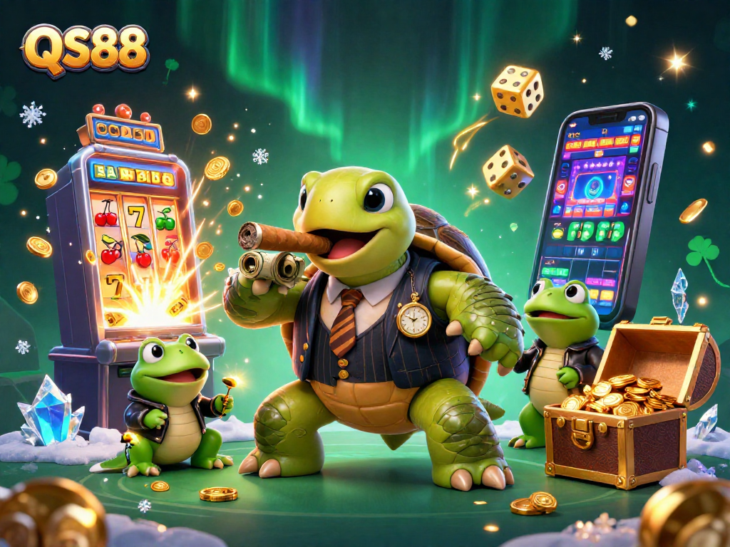 Experience excitement at QS88 as a snapping turtle and bullfrogs celebrate jackpots amidst vibrant casino elements.