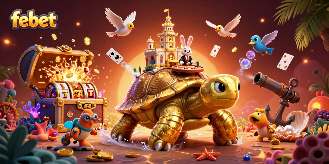 Experience the thrill of febet with a vibrant casino scene featuring a golden tortoise and a rabbit dealer.