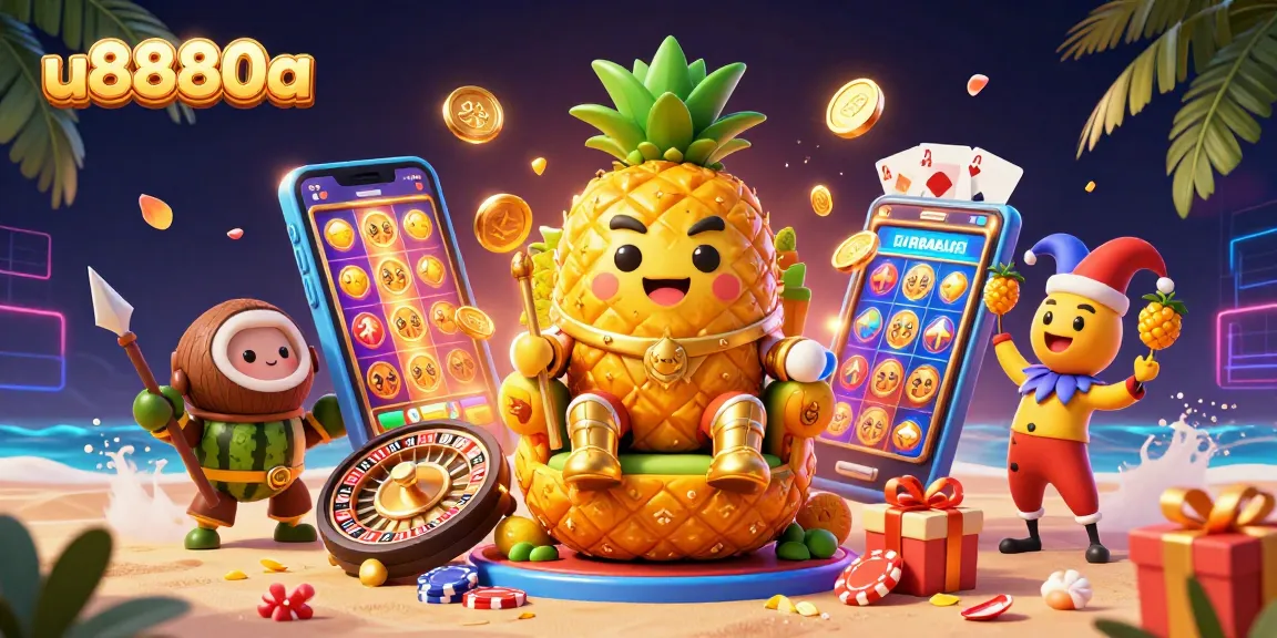 Engage with the vibrant casino world of u8880a featuring a golden pineapple king, dynamic gaming elements, and tropical aesthetics.
