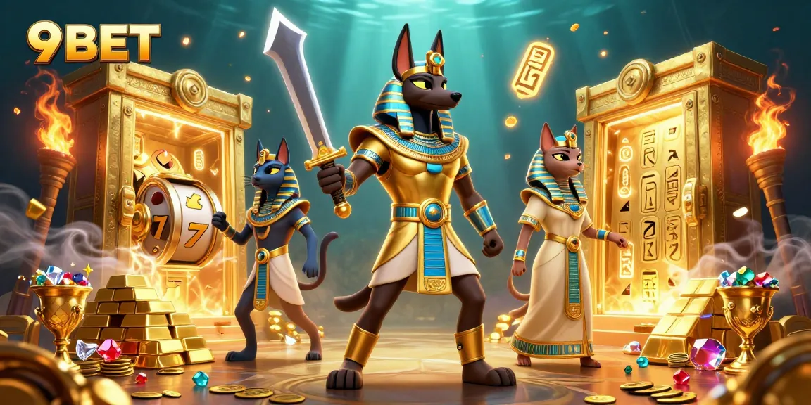 Engage with the vibrant 9BET gaming universe, featuring Anubis, Bastet, and treasure elements in a celestial casino.