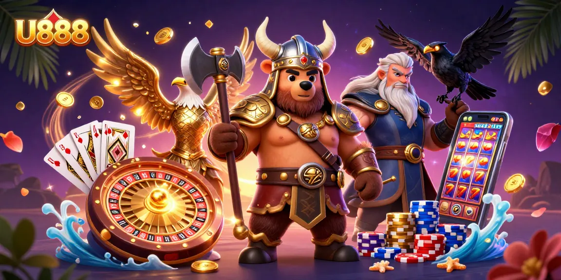 Experience the excitement of U888 with a Viking bear, Valkyrie eagle, and dazzling casino elements.