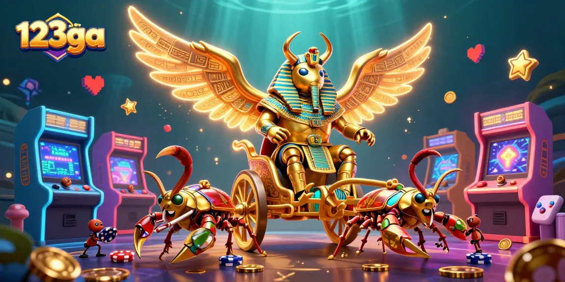 Experience thrilling gameplay at 123ga with a vibrant casino scene featuring a golden beetle and gaming elements.