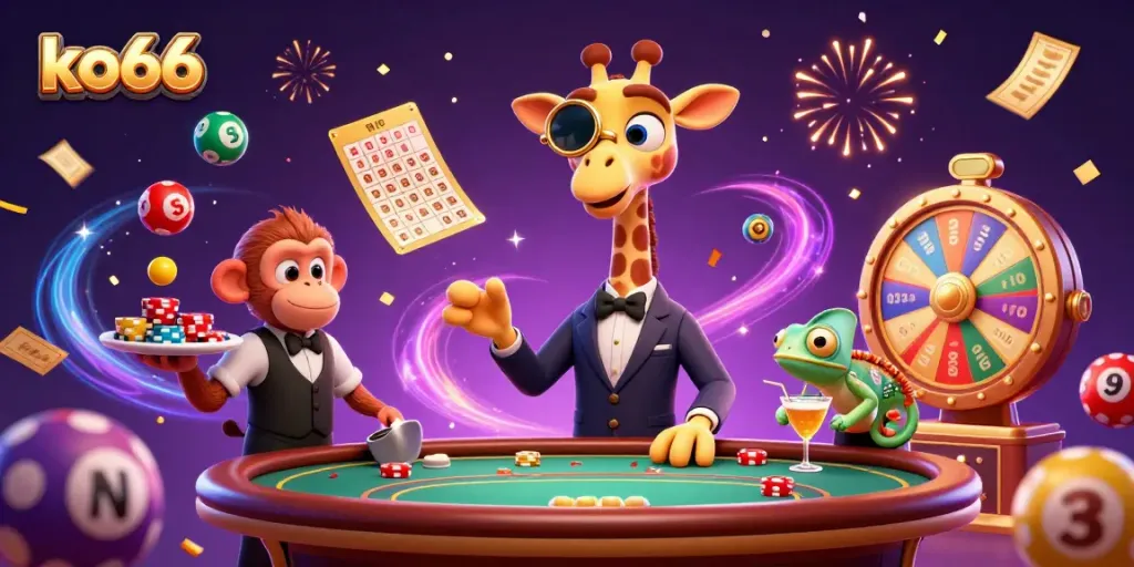 Experience excitement at ko66 with lively gaming characters and colorful casino elements.