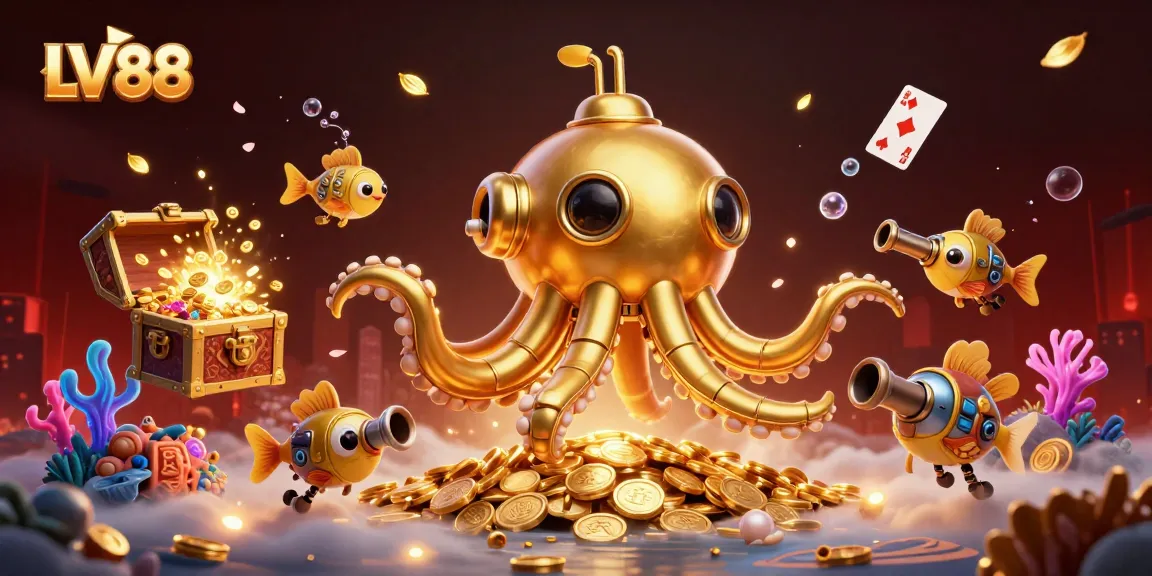 LV88 online casino showcases a 3D golden kraken amidst treasures, enhancing your gaming experience.