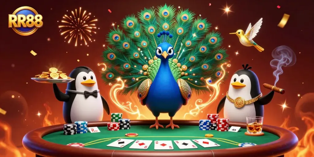 Winning at RR88 with vibrant 3D casino elements showcasing colorful poker chips and a stylish peacock.