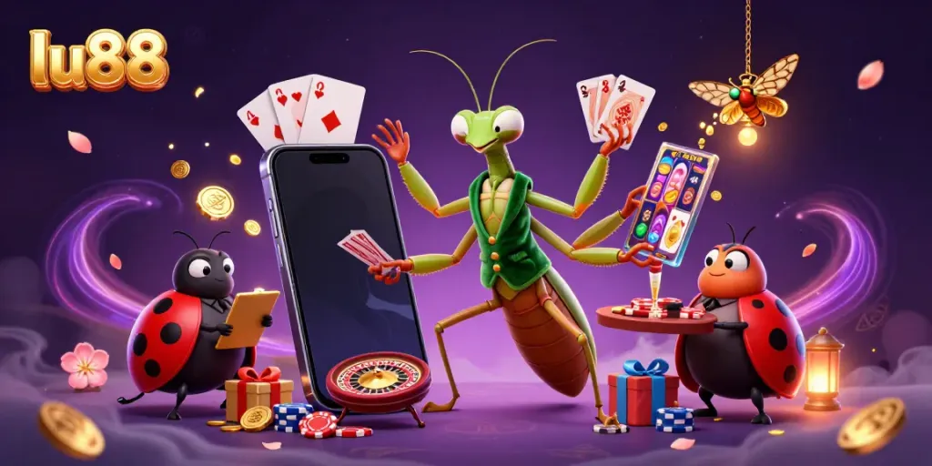 Experience thrilling gameplay with lu88, where a giant praying mantis dealer shuffles chips and pours champagne, surrounded by vibrant gaming elements.