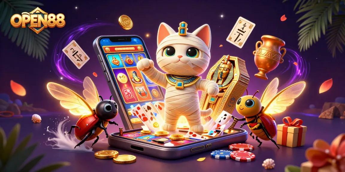 Experience the excitement of OPEN88 with a vibrant, dynamic 3D casino illustration showcasing thrilling games and magical elements.