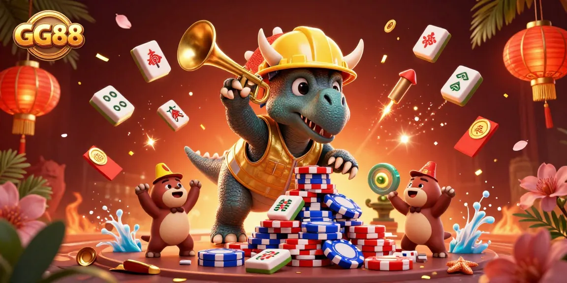 GG88 showcases a vibrant scene of a triceratops celebrating casino wins with joyful elements.