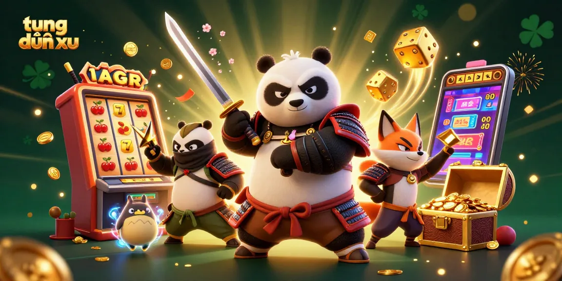 Experience stunning gameplay with 'tung đồng xu' in a dynamic casino illustration featuring samurai and treasure elements.
