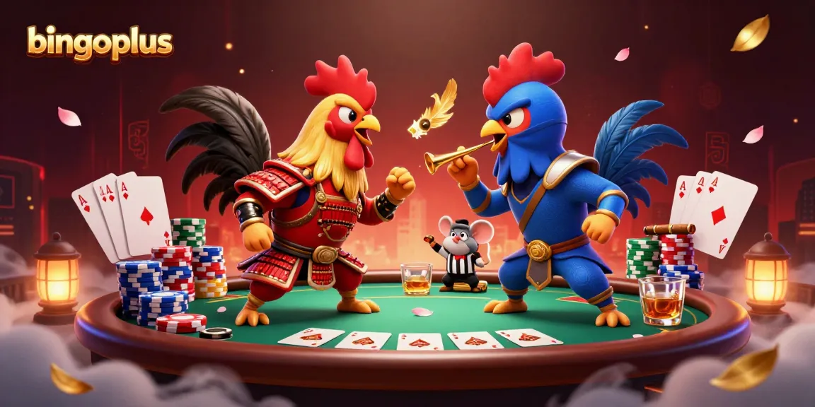 Experience thrilling bingo action at bingoplus with cartoon roosters battling over poker chips and cards.