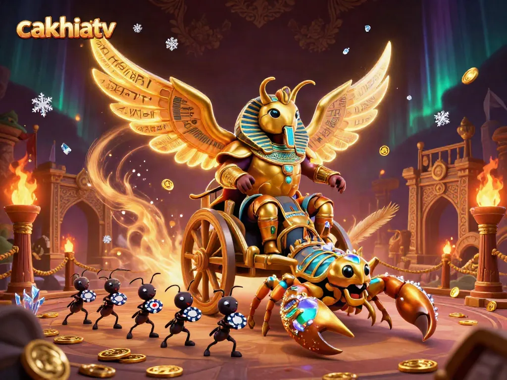 Cakhiatv features an exciting scene with a colossal golden scarab beetle in pharaoh armor amid vibrant casino elements.